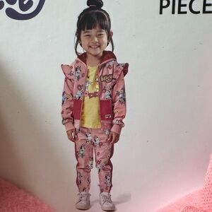 Girls Pink Character Hoodie & Joggers Set with Yellow Tee